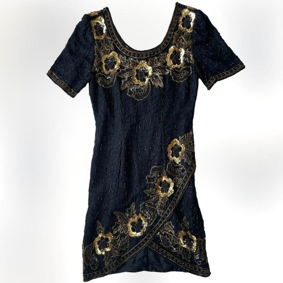 gatsby/flapper inspired vintage Sténay 1980s gold + black beaded dress - Picture 1 of 6